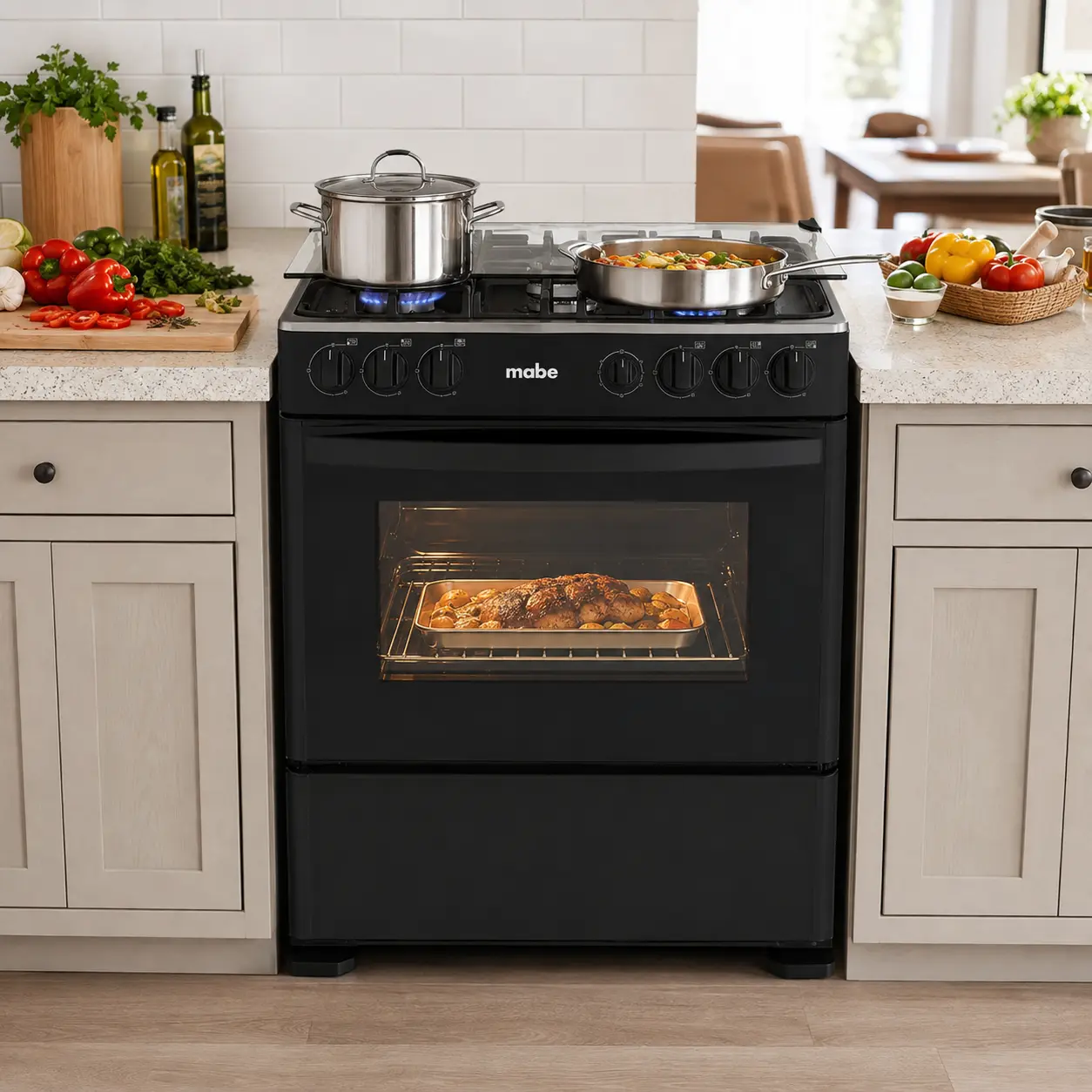 Cocina a gas negra con horno encendido ubicada entre reposteros blancos